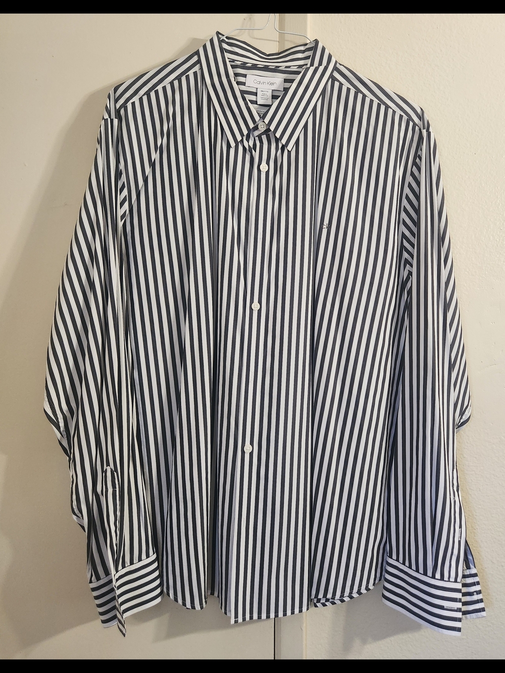 Calvin Klein Men's Black and White Striped Dress Shirt